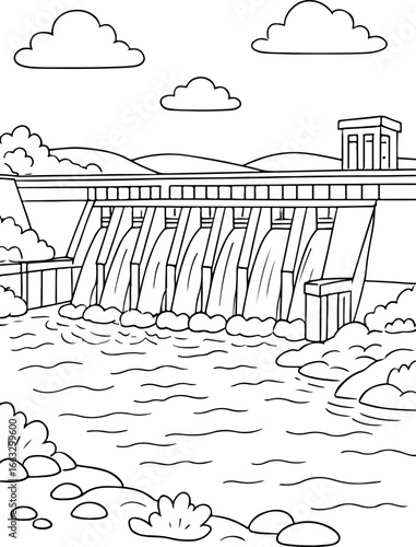 “Black and White Dam Line Drawing – Minimalist Vector of Water Control Structure with Natural Landscape Elements”