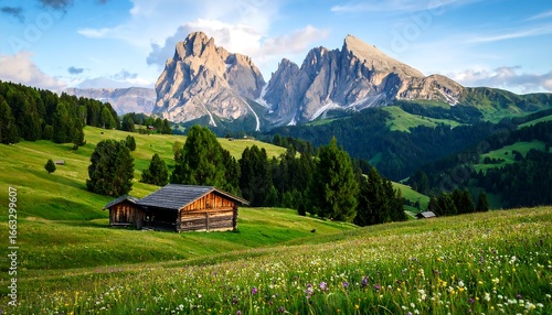 Wallpaper Mural A picturesque alpine meadow with a wooden chalet and majestic mountains. Torontodigital.ca