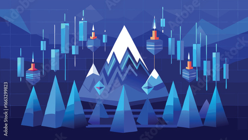 Trading chart featuring mountain peaks and candlestick patterns illustrating market trends and fluctuations..eps