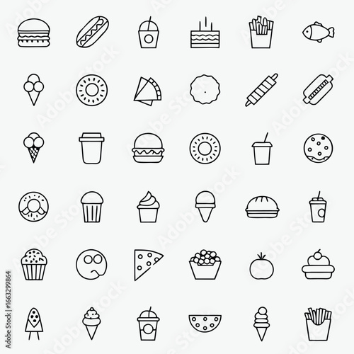 A vibrant collection of popular fast food and dessert icons arranged in a grid.