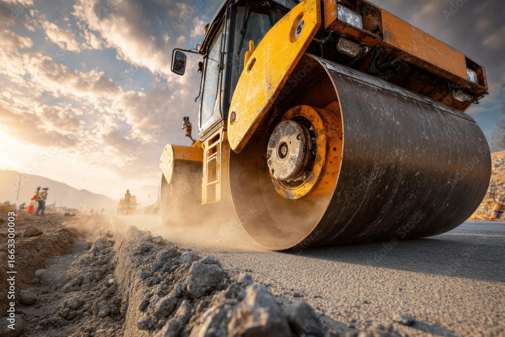 Fototapeta premium Road Roller Compacting Surface: Heavy machinery flattens ground, dust flying, construction crew visible in background.