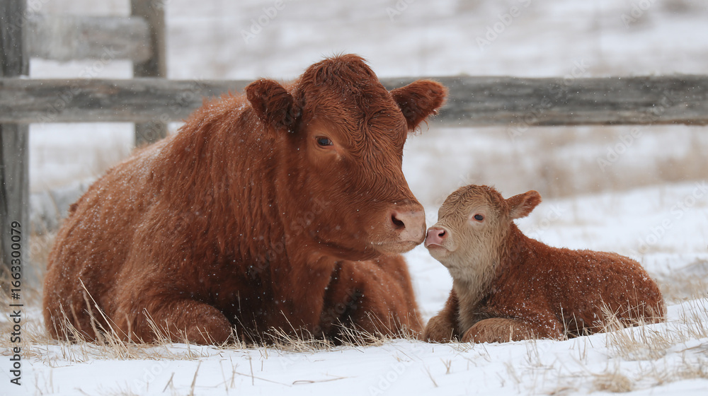 Fototapeta premium A brown cow and calf resting in the snow near a wooden fence on a winter day outdoors