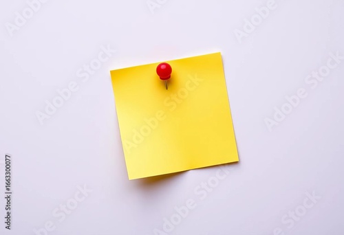 Bright yellow sticky note affixed to surface by a vibrant red pushpin,  attention,  macro