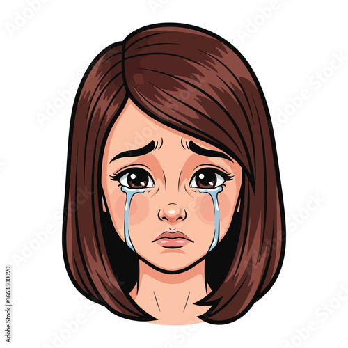 Melancholy Tears: An illustrated portrait of a young woman, radiating sorrow, with tear-streaked cheeks, her eyes reflecting vulnerability and heartbreak.