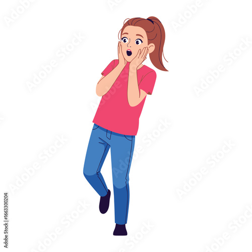 Surprised Girl Expressing Shock: A young girl is expressing shock with hands on cheeks, large eyes, showing disbelief with great interest. 