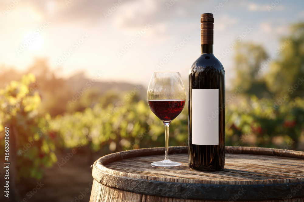 Fototapeta premium Wine bottle and glass on barrel against vineyard backdrop. A toast to nature's bounty and good times.