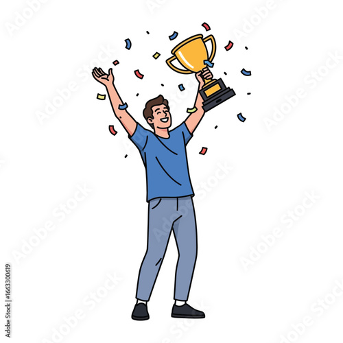 Triumph and Celebration: A cheerful person stands victorious, lifting a golden trophy amidst a shower of confetti. Expressing elation, success and the thrill of achievement.