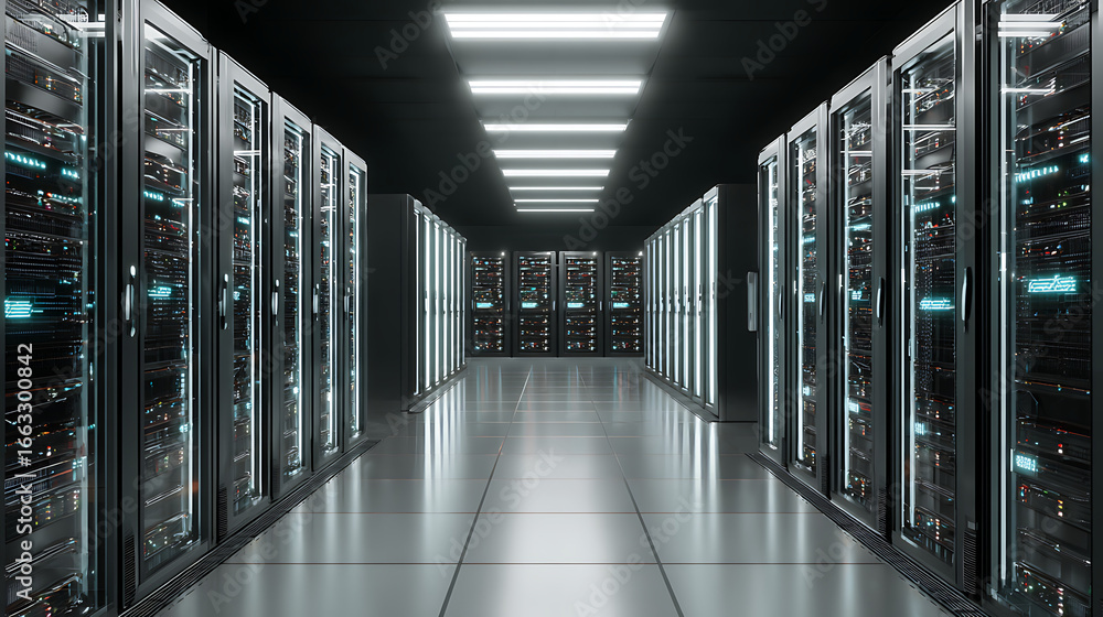 Fototapeta premium A modern data center with server racks aligned in a row (1)
