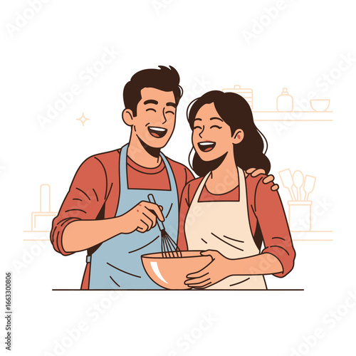 Joyful Duo Cooking: A delightful scene captures a smiling couple, enthusiastically engaged in culinary activity within a sunlit kitchen setting.