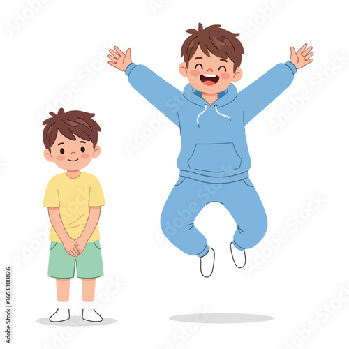 Joyful Expressions of Childhood: Two boys radiating pure joy and exuberance in a vibrant illustration, capturing the essence of childhood happiness.