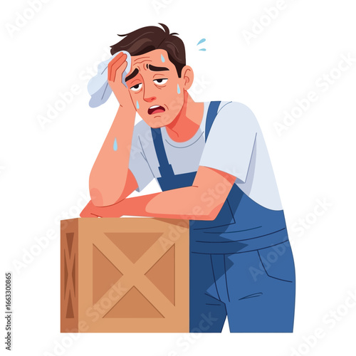 Tiredness After Work: A worker, drenched in sweat after a hard day's work, leans exhausted, capturing the physical toll of labor and the strain of dedication