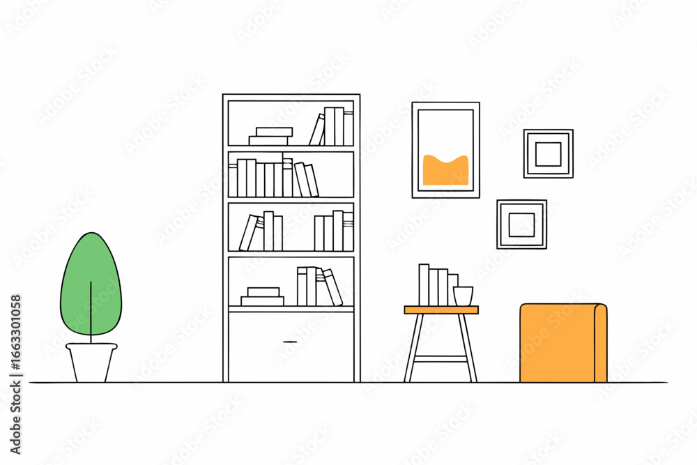 Cheerful office corner illustration with bookshelf plant and artwork vector graphic