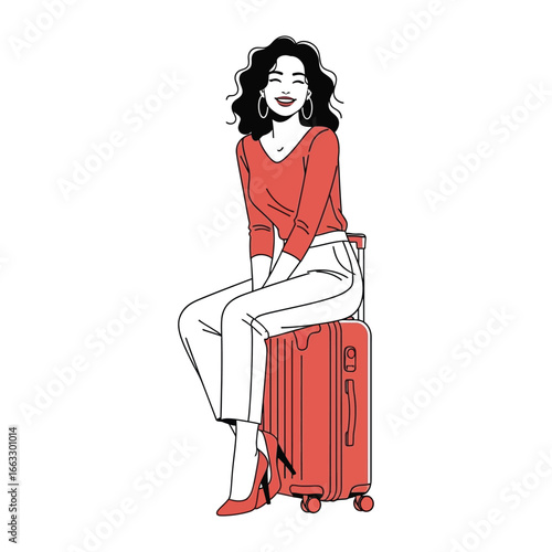 A Woman's Travel: A stylish woman poses casually on her vibrant suitcase, dressed in fashionable clothing with a radiant smile, embodying the excitement and anticipation of travel.