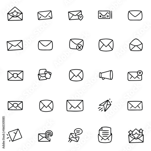 Collection of charming hand-drawn envelope icons representing communication and messaging