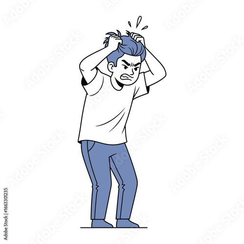 Frustration and Stress: A man's illustration depicts exasperation, capturing the intense stress of the moment, showing his struggle to cope.