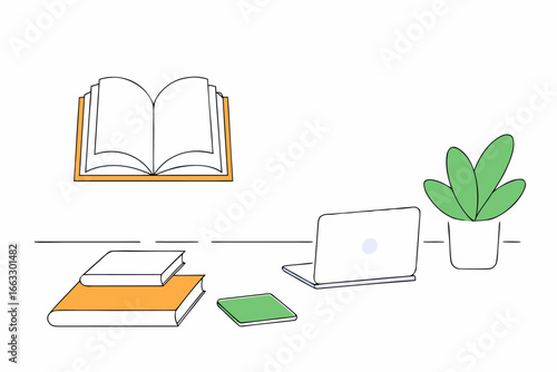Bright study area vector graphic with open books laptop and plant illustration