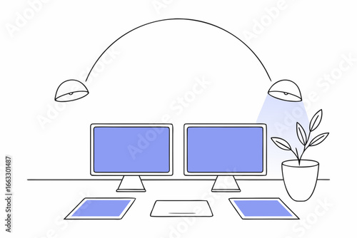 Bright home office setup featuring dual monitors keyboard mouse and plant scalable vector illustration