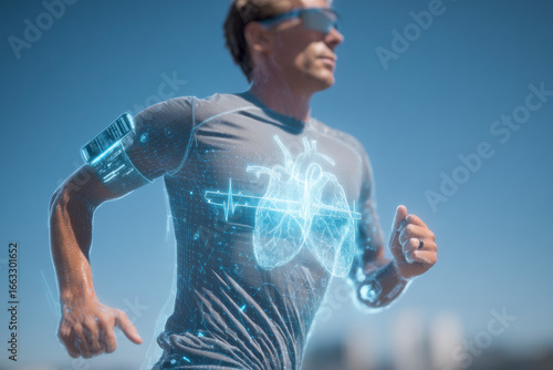 Futuristic Health Monitoring: Jogger with Holographic Heart Display Running Outdoors on a Bright Sunny Day