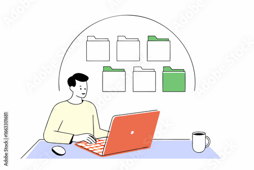 Man organizing digital files on laptop with coffee a vector illustration for productivity and workflow