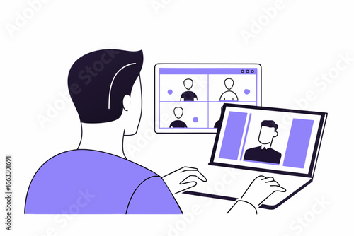 Man attending virtual conference online meeting vector illustration scalable graphic