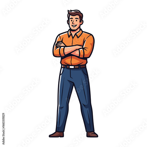 Confident Man in Illustration: A stylish and self-assured illustration of a man with arms crossed, dressed in casual attire, a picture of confidence and readiness.