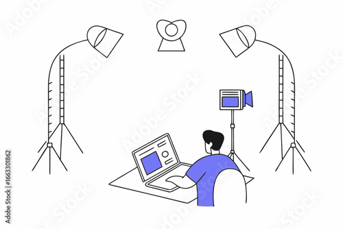 Creative professional editing videos on laptop with studio lighting setup vector illustration