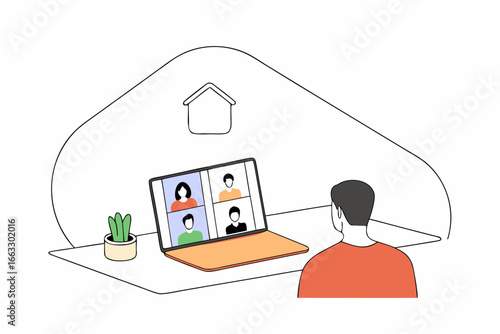 Remote worker engaged in video conference meeting from home office setup illustration