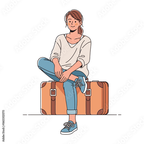 Traveler's Pause: A serene young woman sits atop her vintage suitcase, poised in a moment of calm reflection before embarking on her next adventure. A fusion of travel and repose.