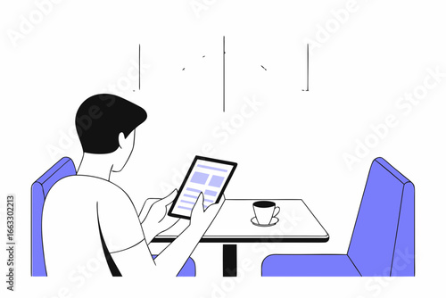 Man checking emails on tablet while sipping drink in modern cafe vector illustration