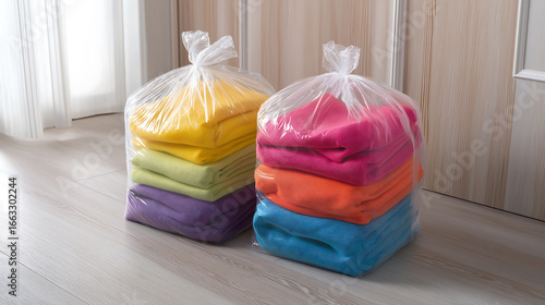 Transparent plastic bags with neatly and perfectly folded laundry of vibrant colors packed on the floor at home