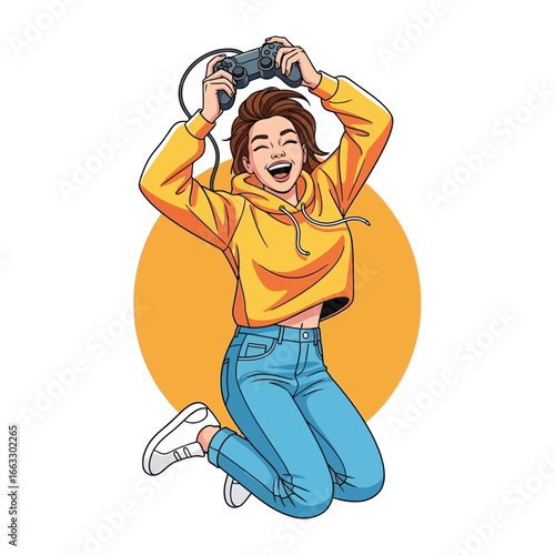 Joyful Gaming Leap: A vibrant illustration captures the pure joy of a gamer girl soaring through the air with a gamepad, celebrating a victory with uncontainable glee.