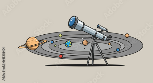 Telescope Observing Planets in a Solar System Illustration.