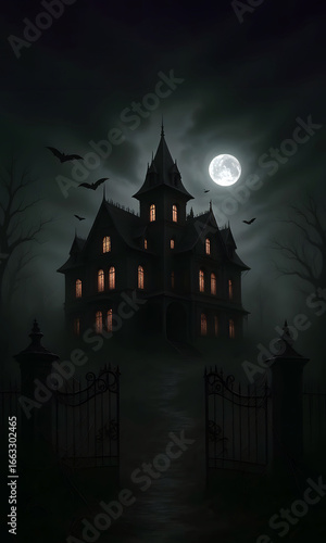 Wallpaper Mural A spooky Halloween night illustration of a haunted house and castle with bats silhouetted against a full moon Torontodigital.ca