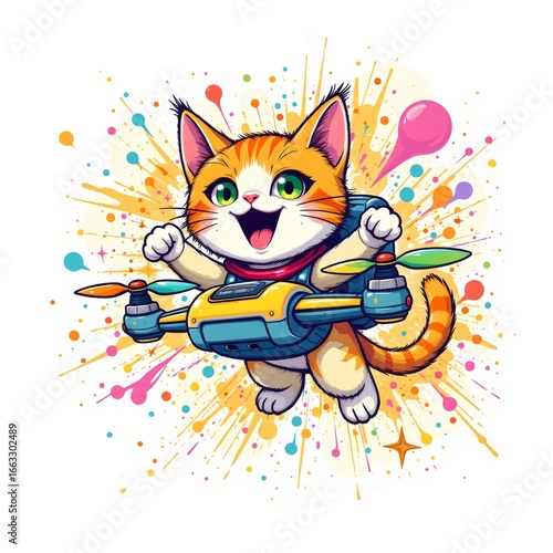 a energetic space cat flying a drone, in a vibrant cartoon style with paint splashes on a white background.