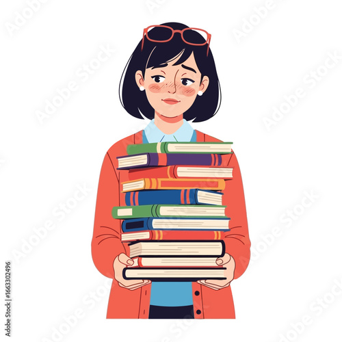 Books in hand: A woman, glasses perched on her nose, carries a towering stack of books with a contemplative air, as if pondering the worlds within.