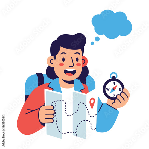 Journey's Guiding Light: An illustrated adventurer gazes at a map while carrying a compass, embodying the spirit of exploration and charting a course forward. 