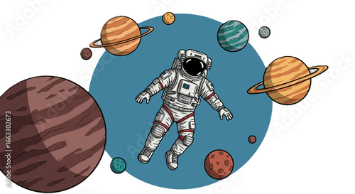 Cartoon Astronaut Floating Among Planets in Space.