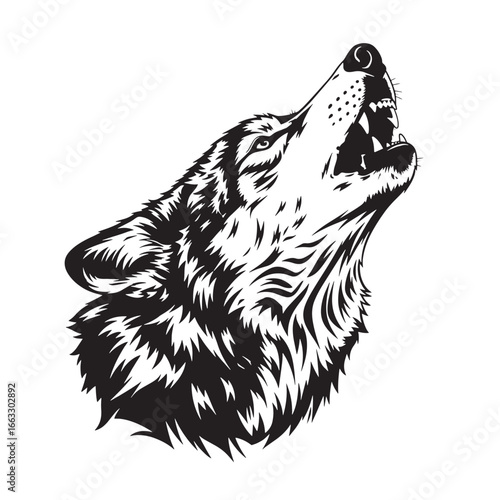 Black and white illustration of a wolf howling at the sky.