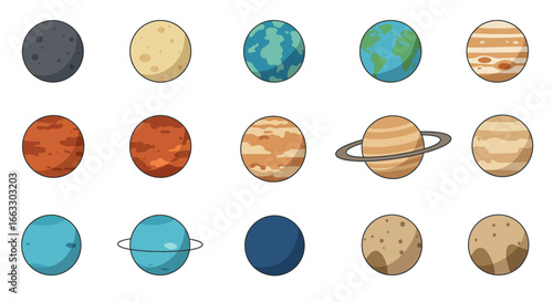Cartoon Solar System Planets and Moon Collection.