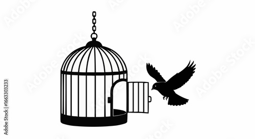 Bird flying from open birdcage - VECTOR stock 
