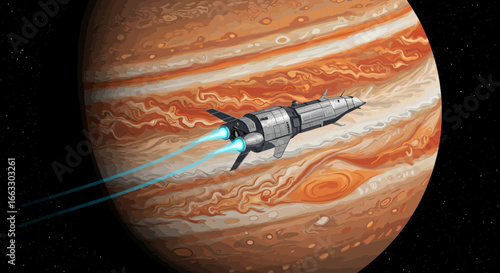 Spaceship Flying Past Jupiter with Blue Engine Flames.