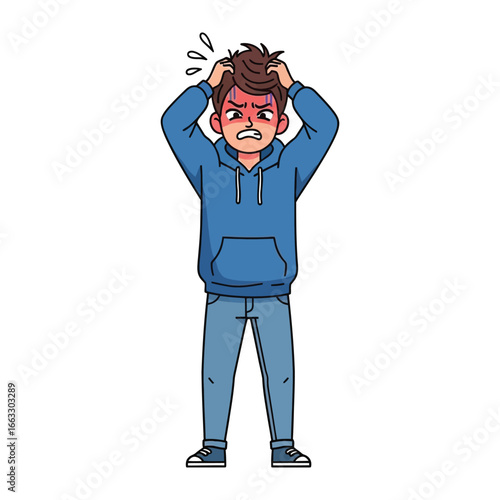 Frustrated Youth: An illustration of a young male exhibiting clear signs of stress and tension, pulling at his hair in a visual depiction of anxiety. 