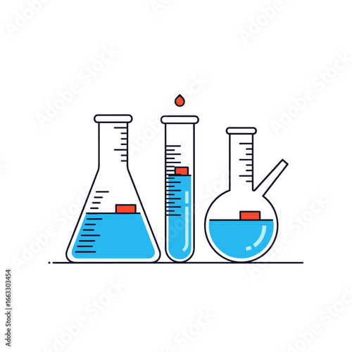 A collection of science laboratory glassware including an erlenmeyer flask a test tube and a round bottom flask all containing blue liquid and illuminated by soft studio lighting