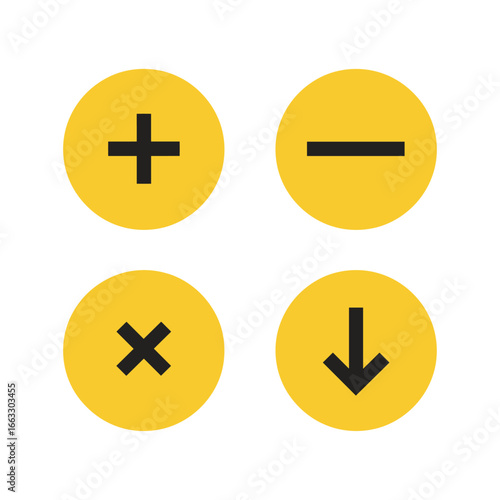 Collection of mathematical operation symbols presented on a yellow circular background representing fundamental arithmetic concepts and calculations