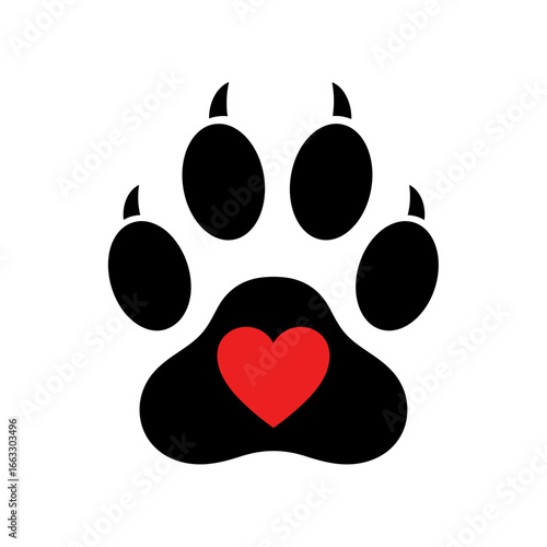 A paw print with a red heart symbolizing love and compassion for animals