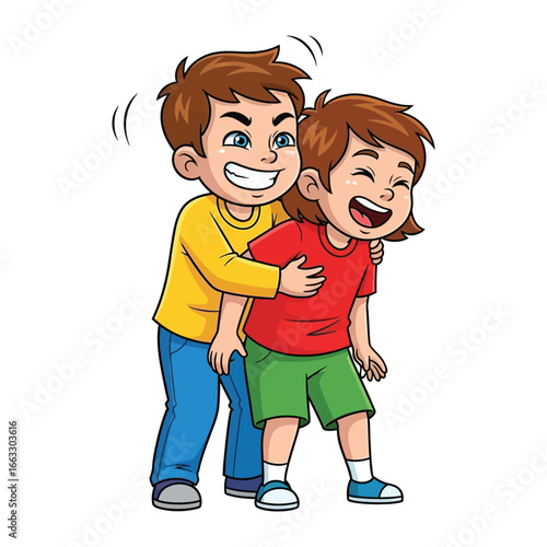 Playful Pranksters: Two animated boys share a moment of unadulterated mirth as one playfully tickles the other, their infectious laughter painting a scene of pure childhood joy.