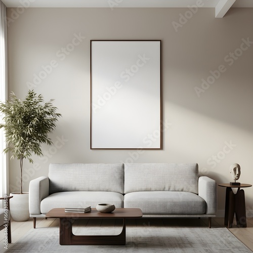 Elegant Neutral Living Space with Large Vertical Frame and Soft Shadows.
