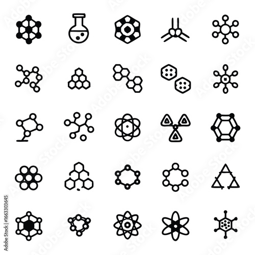 Diverse collection of molecular structure icons representing scientific discovery and research.