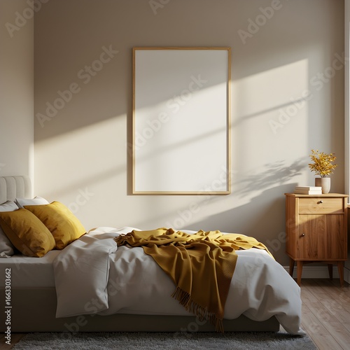 Golden Morning Sunlight Casts Dramatic Shadows in a Cozy Bedroom with a Blank Frame Mockup.