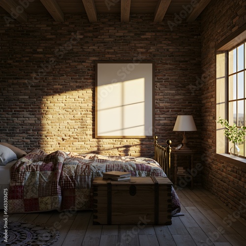 Golden Hour Sunlight Casts Window Shadow on Mockup Frame in Cozy Brick Loft.